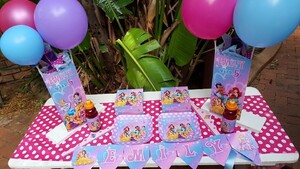 Our custom made Princess Palace Pets party supplies include personalised invitations, paper cups and plates, blowouts and more.