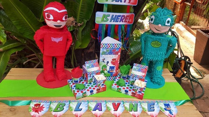 Our custom made PJ Masks party supplies include party hats, printed t-shirts, badges and more.