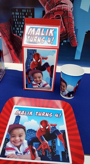 Our custom made Spiderman party supplies include party hats, printed t-shirts, badges and more.