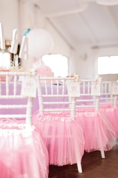 Kiddies tiffany chairs for hire with pink tutus to match the party theme.