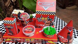 Our custom made Disney Cars party supplies include party hats, printed t-shirts, badges and more.