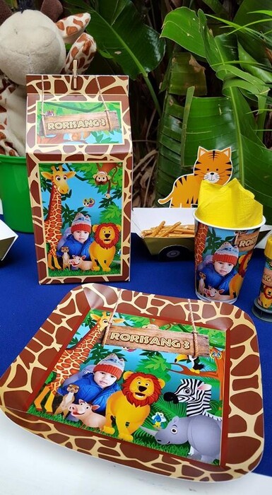 Our custom made Baby Safari party supplies include personalised invitations, paper cups and plates, blowouts and more.